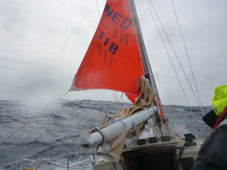 55 knots of wind over deck, storm sails.